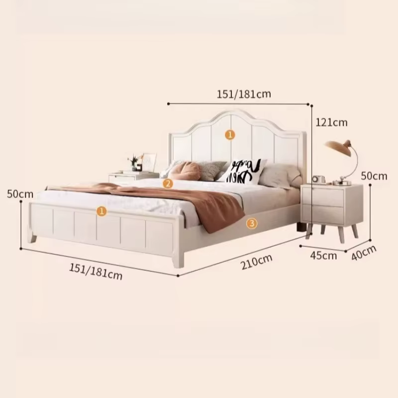 Lit blanc élégant, cadre minimaliste au design unique, lit de luxe crème, style lounge français, avec tête de lit et sommier intégré, pour chambre à coucher, mobilier de chambre.