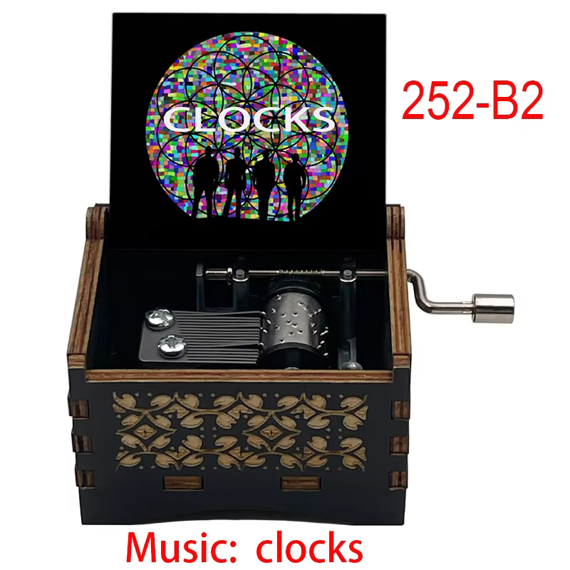 Boîte à musique en bois populaire avec horloge, gravée, à remonter, de style antique, inspirée de groupes célèbres, cadeaux pour les amoureux