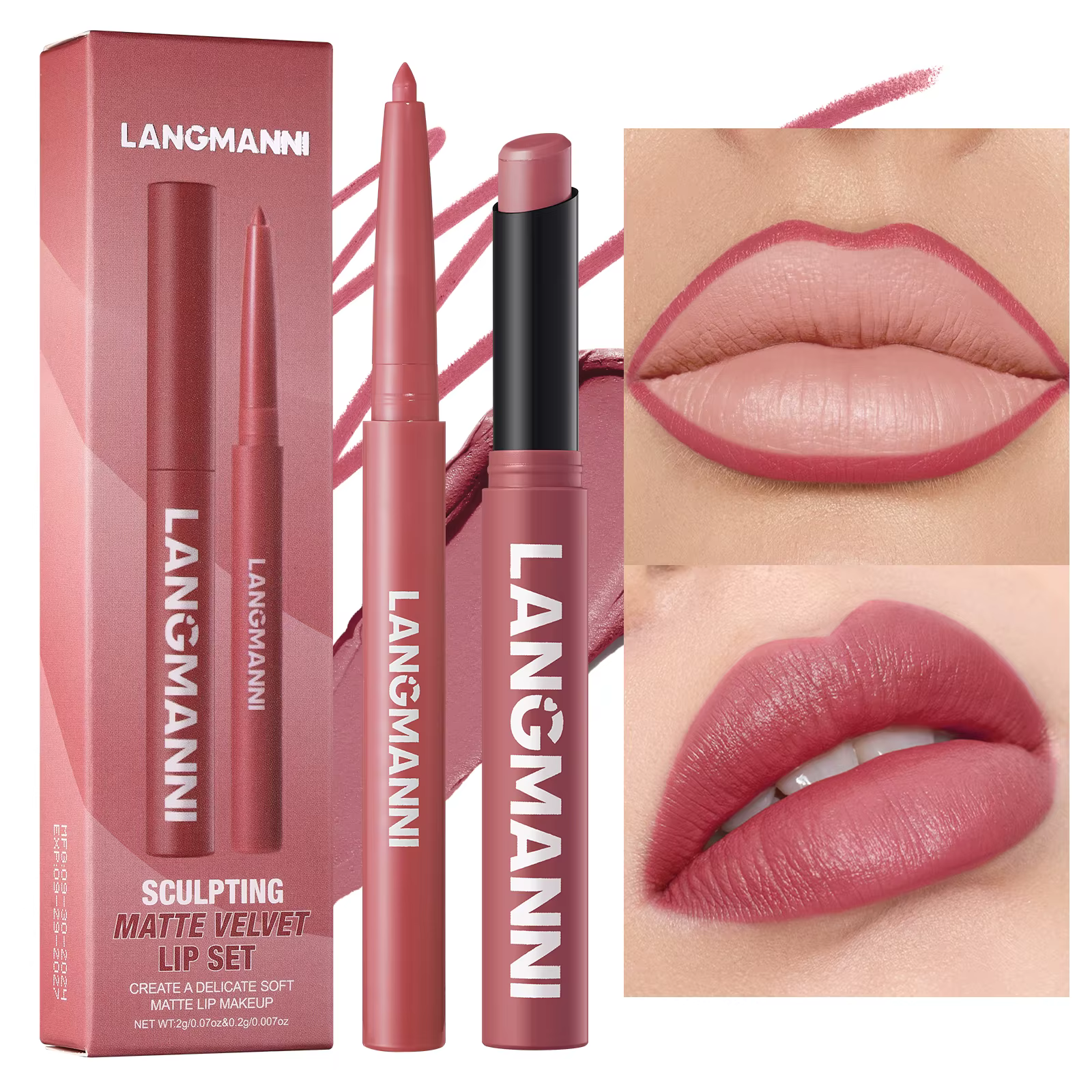 Ensemble de crayons à lèvres imperméables intégrés + rouge à lèvres, sans taches, sans décoloration, sans tasse, durable, facile à créer un maquillage parfait!