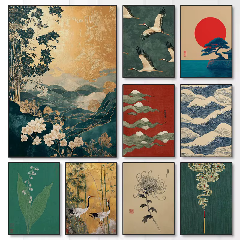 Affiche de paysage Oriental Vintage, soleil et vagues, encens japonais, grue cornée rouge, peinture sur toile, tableau d'art mural, décoration de maison