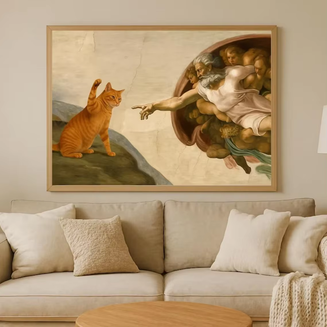 Peinture sur toile sans cadre grand format 1 pièce "Création d'Adam" fantaisiste avec chat orange, décoration murale - Parodie d'art classique Po