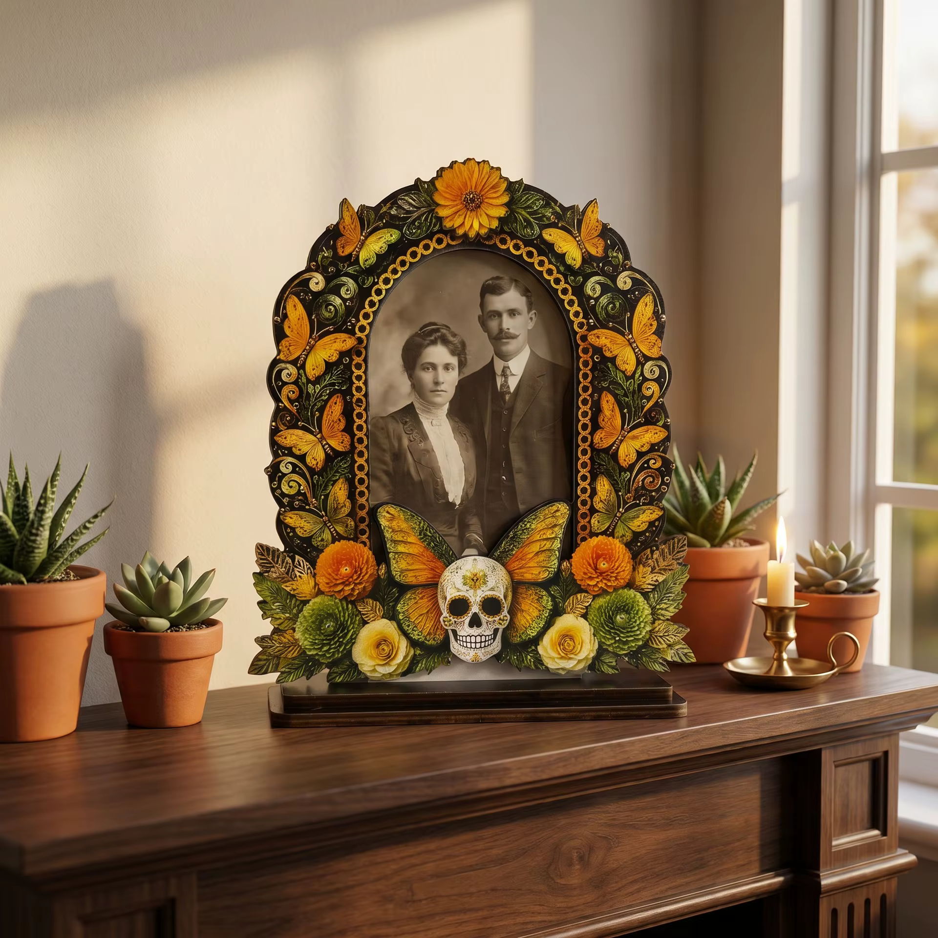 Ornement de cadre photo en bois pour le Jour des Morts, souvenir pour les proches, décoration d'ambiance festive, artisanat d'album photo