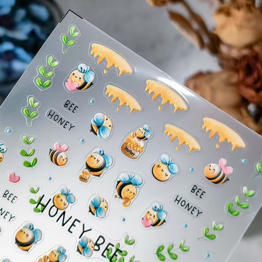 Pot de miel d'abeille mignon, fleurs de marguerite, Pot de miel, amour, cœur, feuilles vertes, Reliefs, autocollants auto-adhésifs pour Nail Art, décalcomanie de manucure