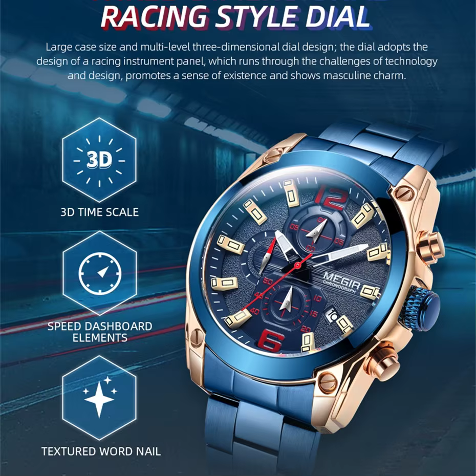 Montre Chronographe Analogique à Quartz Megir 2063 avec Date, Aiguilles Lumineuses, Bracelet en Caoutchouc Silicone Étanche, Acier Inoxydable