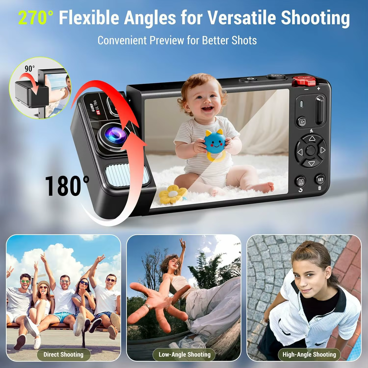 Appareil photo numérique 4K 64MP pour la photographie 270 ° Caméra Vlogging à écran rabattable, mise au point automatique, point de zoom 18X et prise de vue, appareil photo numérique