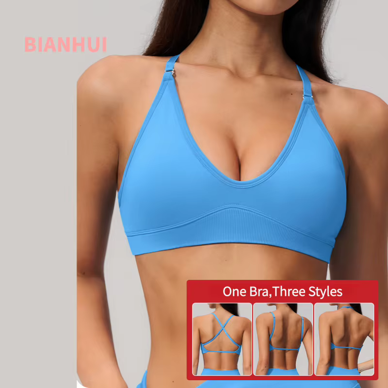 Soutien-gorge de sport côtelé à col halter pour femme, avec bretelles amovibles, haut de sport pour la gym, taille haute, effet push-up avec coussinets de poitrine