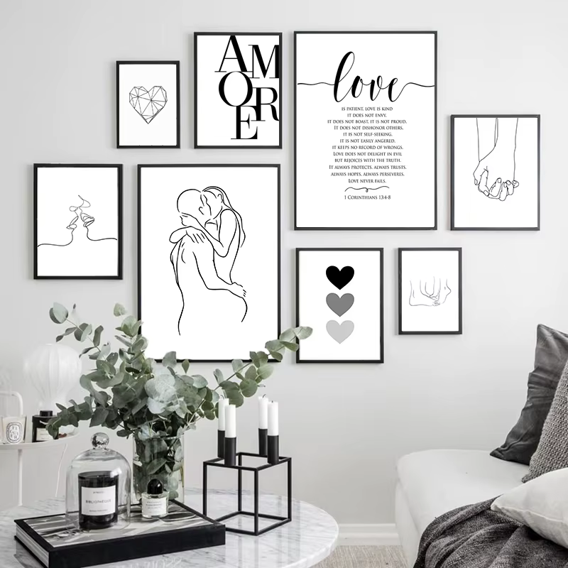 Affiche d'amour de Style scandinave, toile noire et blanche, peinture, images murales pour salon, décoration nordique, Art de la maison
