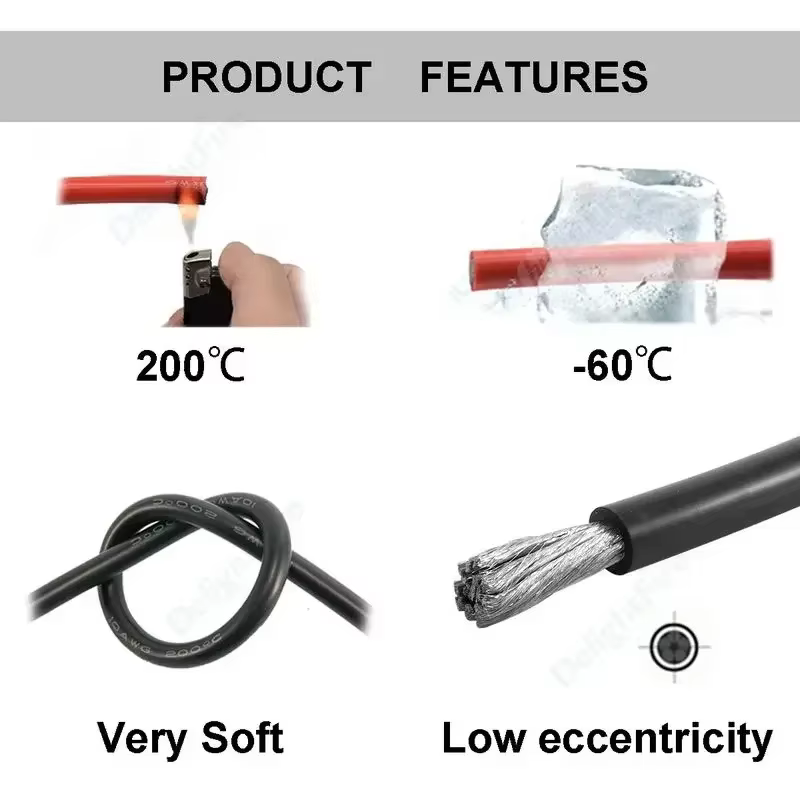 Fil électrique de panneau solaire, câble en Silicone résistant à la chaleur rouge noir 24 22 20 18 16 14 12 10 8 6 4 awg pour batterie automobile