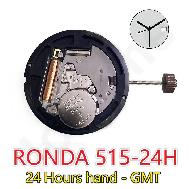Mouvement multifonction RONDA 515.24H 25,60 mm 24H GMT Date 3 aiguilles 11,5'' Composant de précision pour horlogers