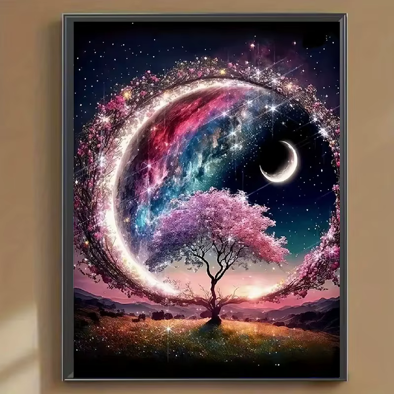 1 jeu de fleurs, lune, ensemble de peinture diamant rond, décoration de maison complète en diamant pour adultes, artisanat d'art sans cadre