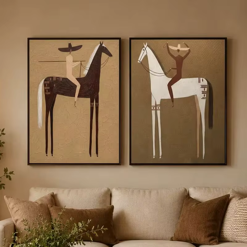 Diptyque Lance & Balance – Peinture à deux panneaux Vintage Americana Two Folk Riders | Art rustique pour le salon, pour la chambre à coucher, pour le séjour
