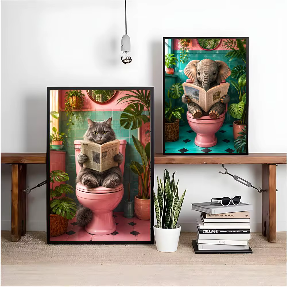 Tableau mural sur toile avec chat de salle de bain lisant sur les toilettes, calligraphie, pour décoration intérieure de chambre et maison