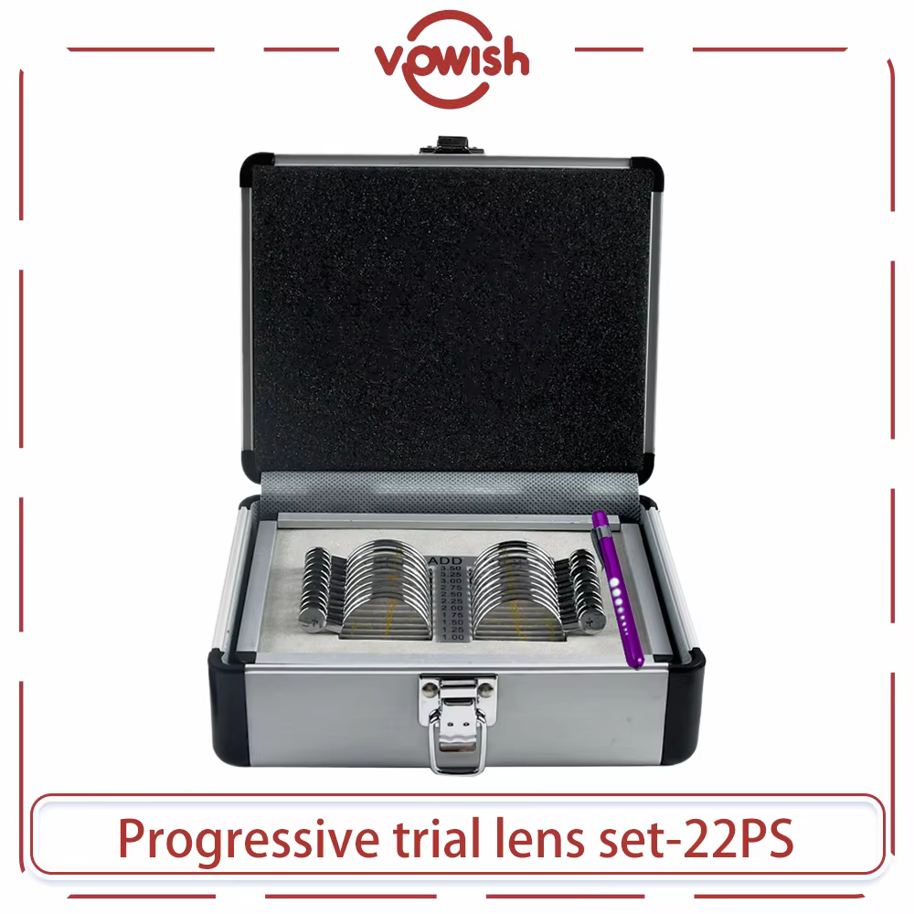 Ensemble de lentilles d'essai progressif, équipements optiques, plateau et boîtier en aluminium ophtalmique, 22 pièces