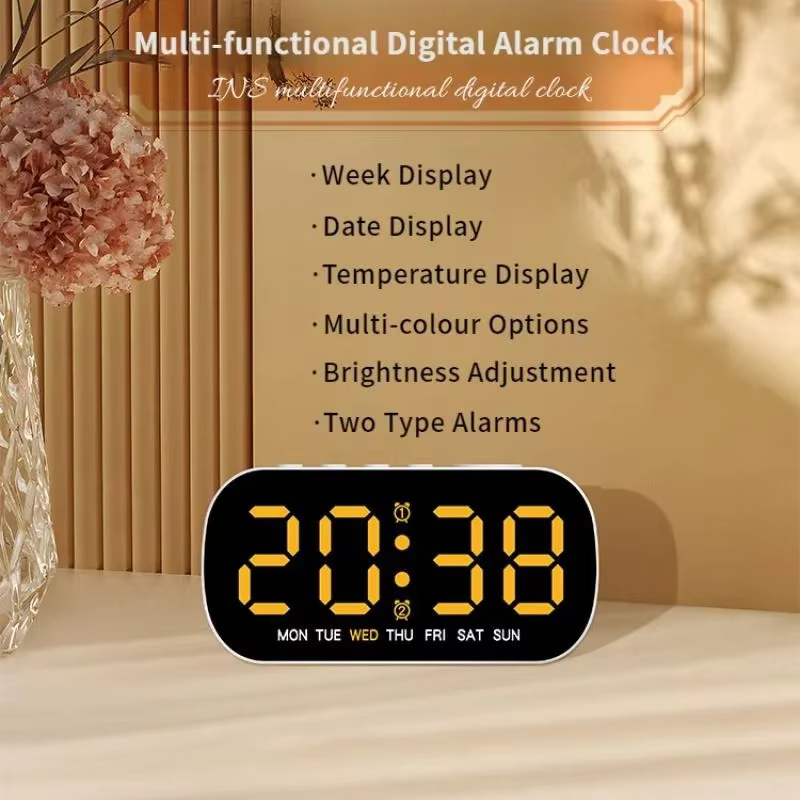 Réveil numérique alimenté par USB, température, Date, semaine, double alarme, Mode nuit, horloge Snooze, 5 niveaux de luminosité, horloge LED 12/24H