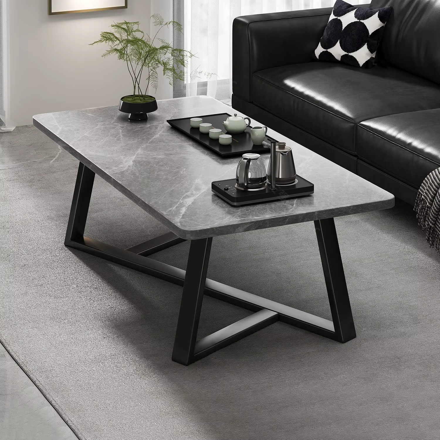 Table basse moderne avec plateau texturé en marbre, cadre en métal robuste, assemblage facile, meubles de Table centrale de salon