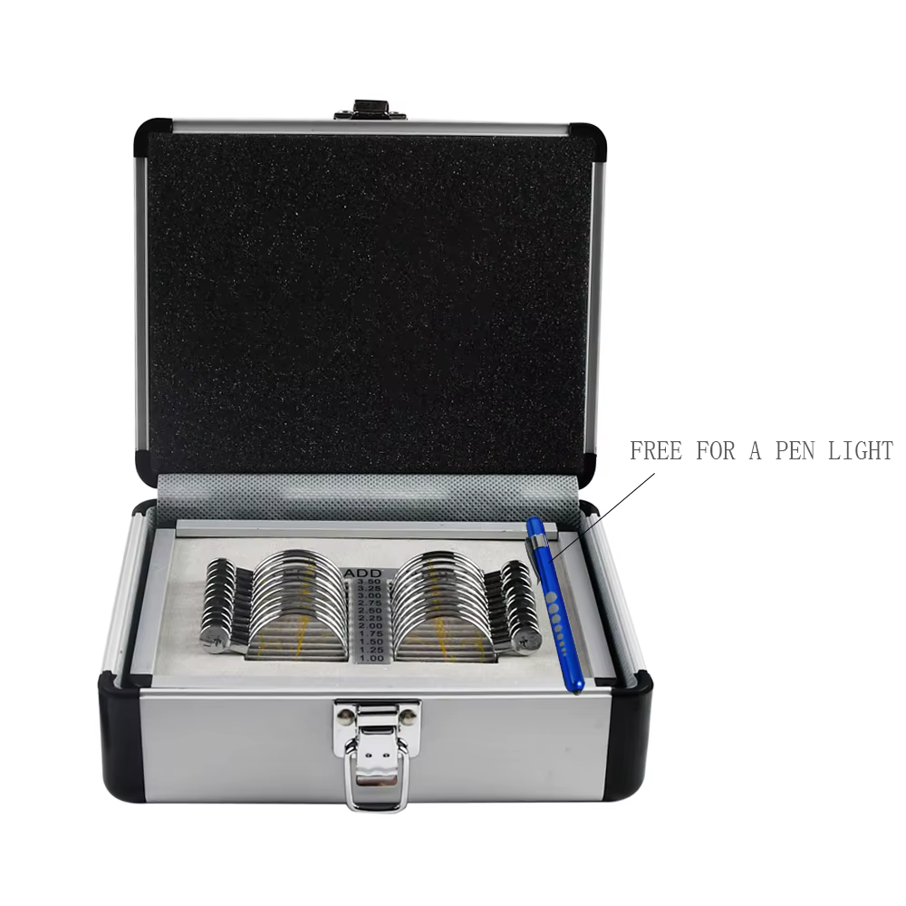 Ensemble de lentilles d'essai progressif, équipements optiques, plateau et boîtier en aluminium ophtalmique, 22 pièces