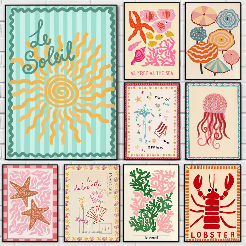 Tableau sur toile Pop Art tropical estival preppy, thème coquillages, vin, homard, vacances à la plage, décoration murale pour club et maison.