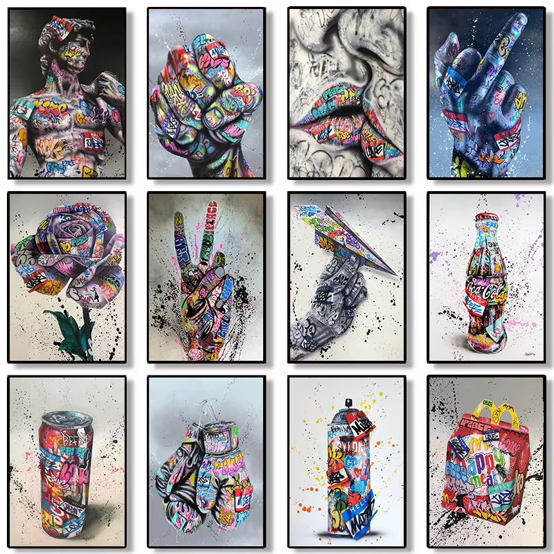 Tableau sur toile graffiti urbain, peinture abstraite gestuelle, art mural pop, tableau décoratif pour salon et maison, Cuadros