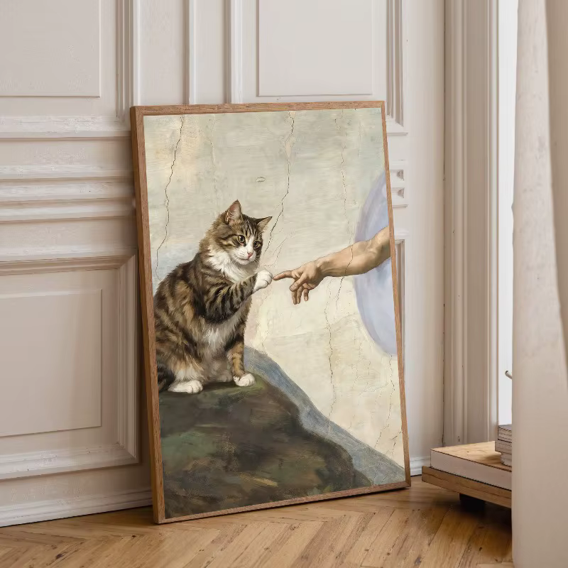 Affiche sur toile « La création d'Adam avec une patte de chat et de chien », impression d'affiche tendance pour décoration de salon et de maison