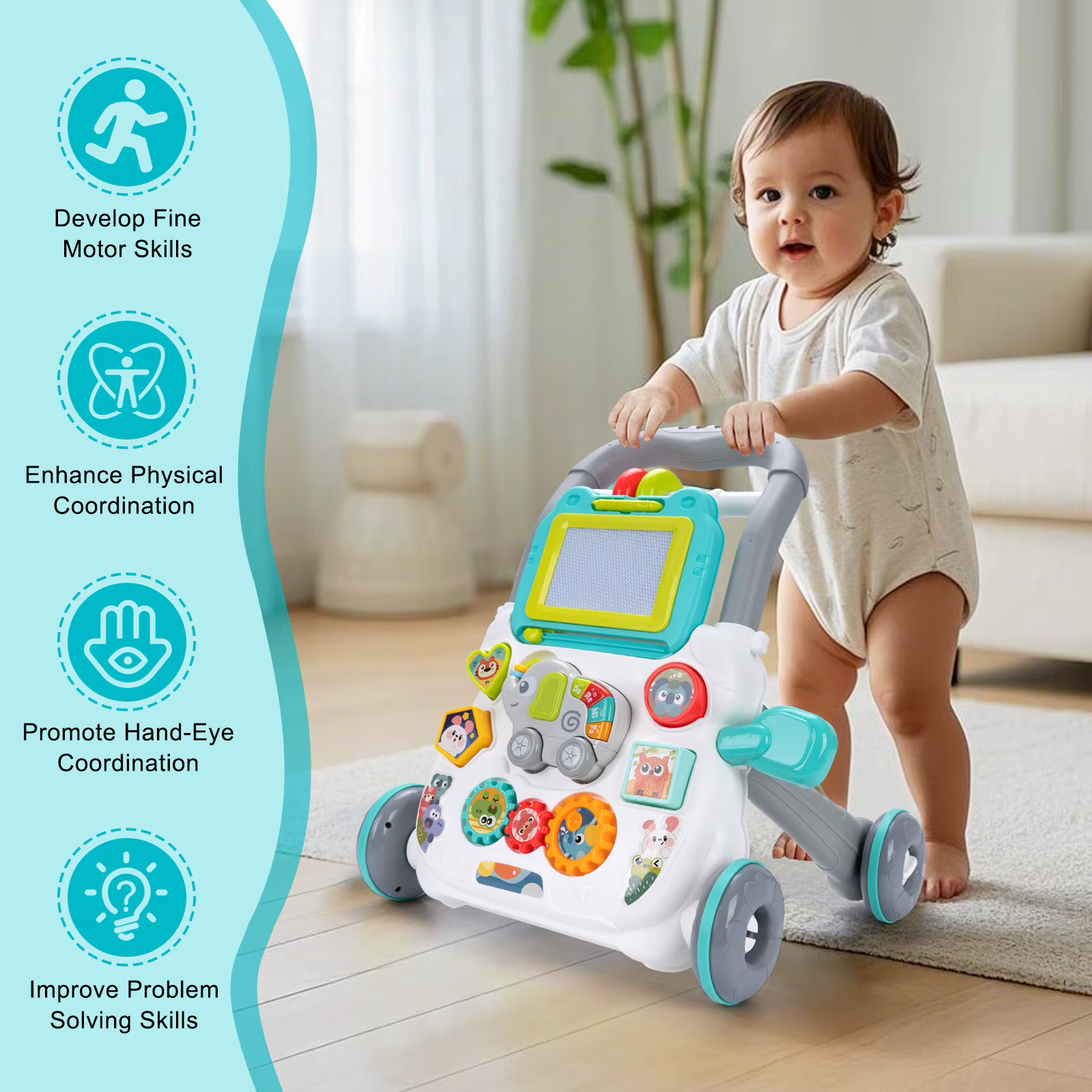 Jouets de marche pour bébé avec musique et tableau à dessin, trotteur multifonctionnel d'éveil et d'apprentissage pour nourrissons de 12 mois et plus