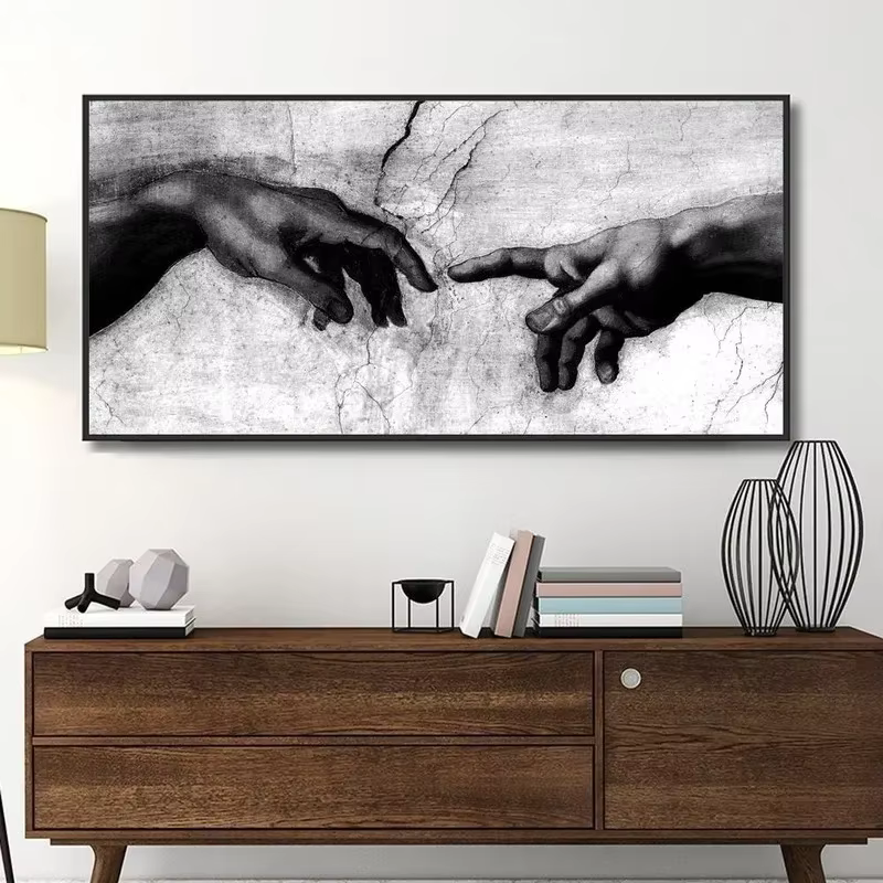 Main de dieu, création d'adam, peinture sur toile noire et blanche imprimée sur images d'art murales de Canavs pour décor de salon (sans cadre)