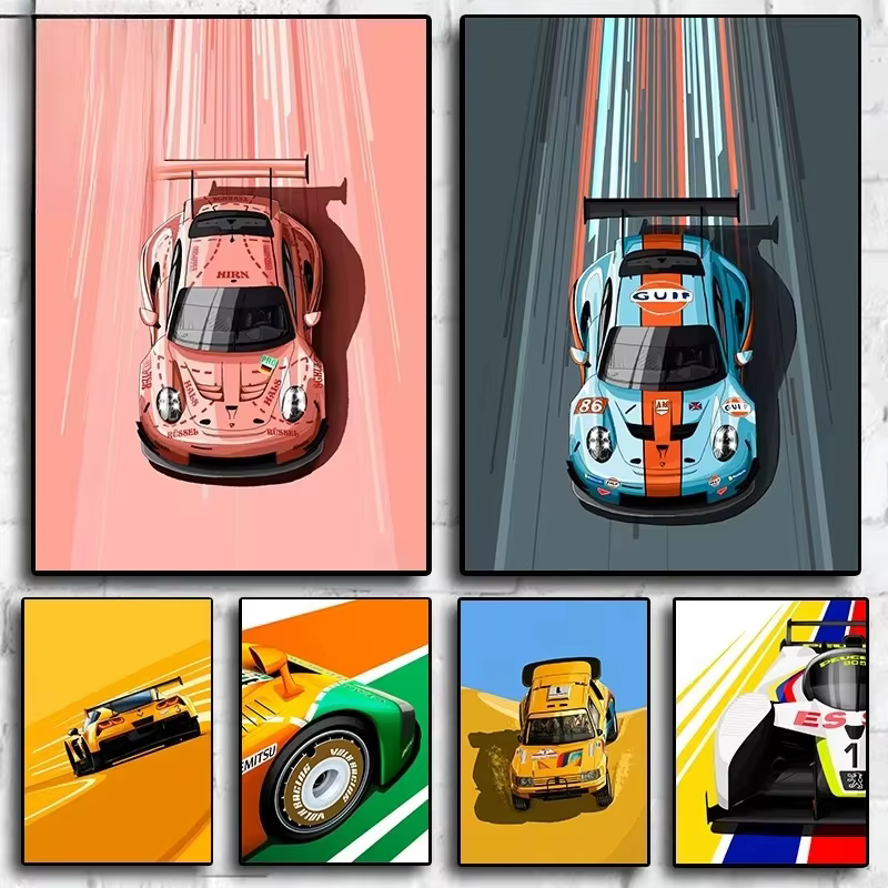 Peinture à l'huile par numéros, voiture de course de dessin animé moderne, décoration de maison, mur Vintage, chambre à coucher, salon, cadre cadeau