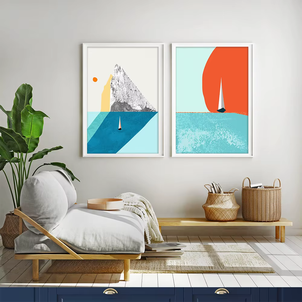 Tableaux muraux scandinaves : Affiche bateau à voile coucher de soleil, impression yacht lever de soleil océan, peinture sur toile bateau isolé nautique, décoration intérieure