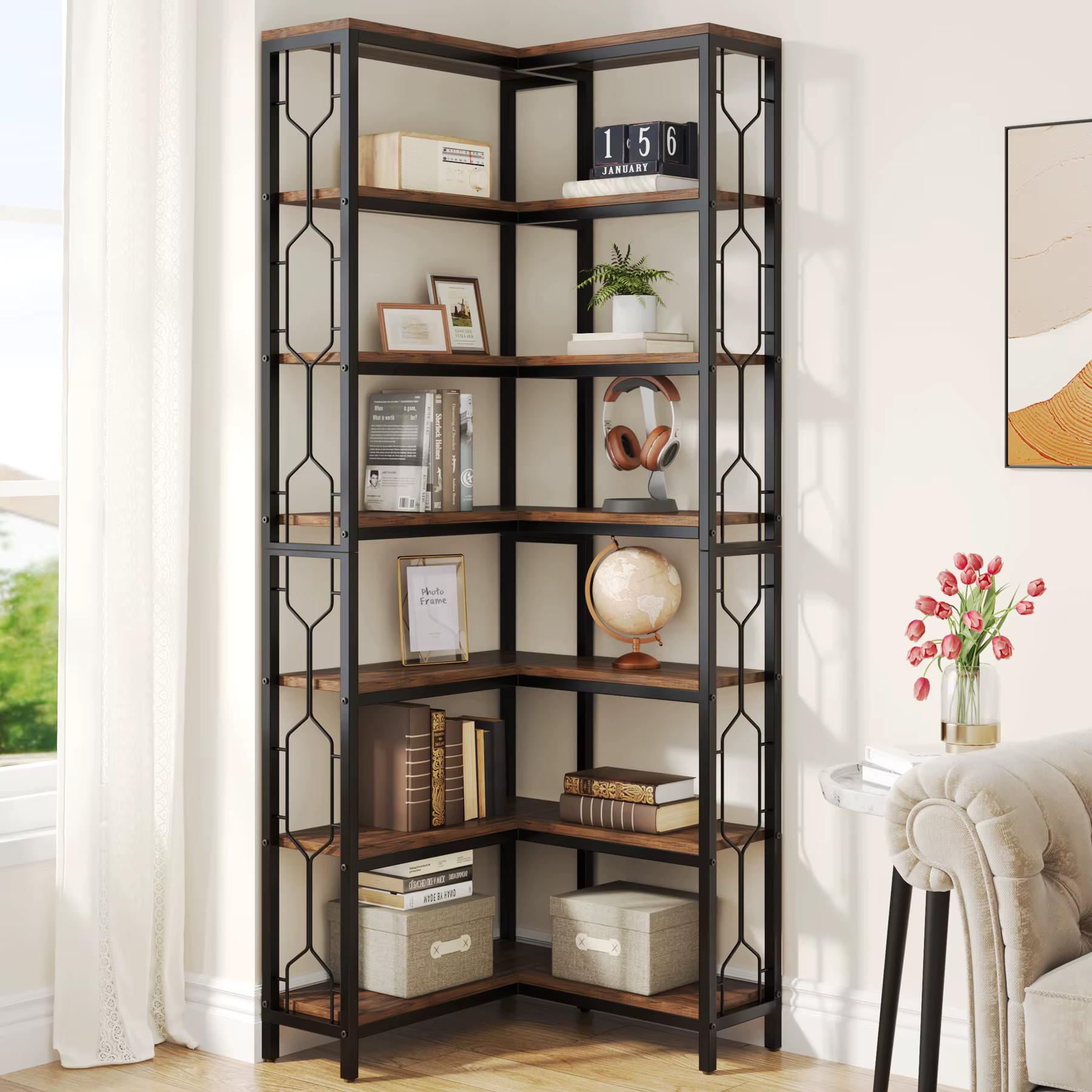 Étagère d'angle moderne, 78,74 pouces de hauteur, en bois, 7 niveaux, style industriel, étagère ouverte avec structure métallique robuste pour salon