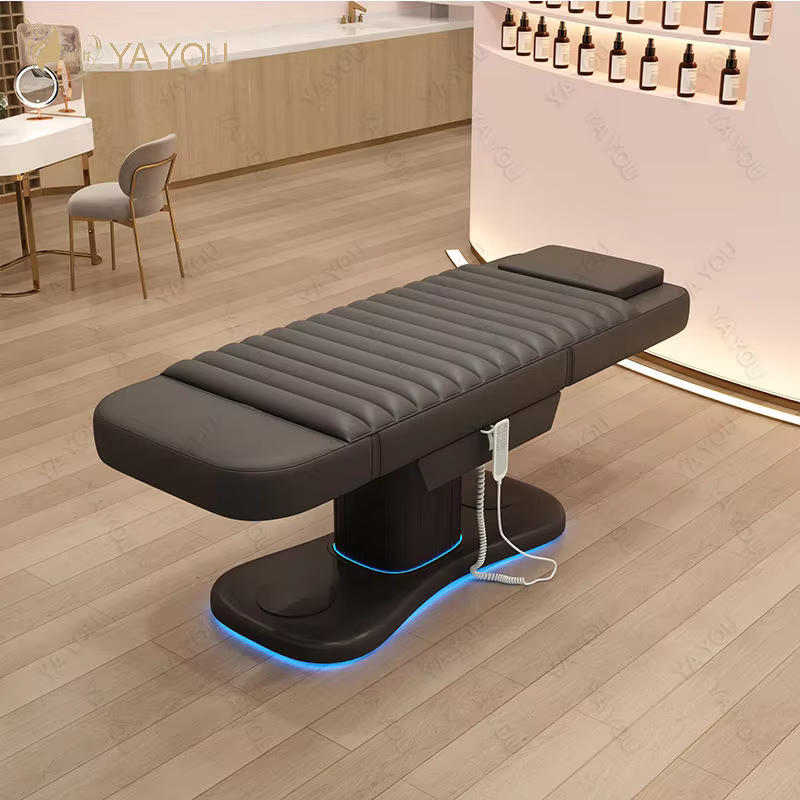Table de massage électrique à 3 moteurs avec éclairage LED, chaise faciale noire côtelée, mobilier de spa médical et de salon de beauté