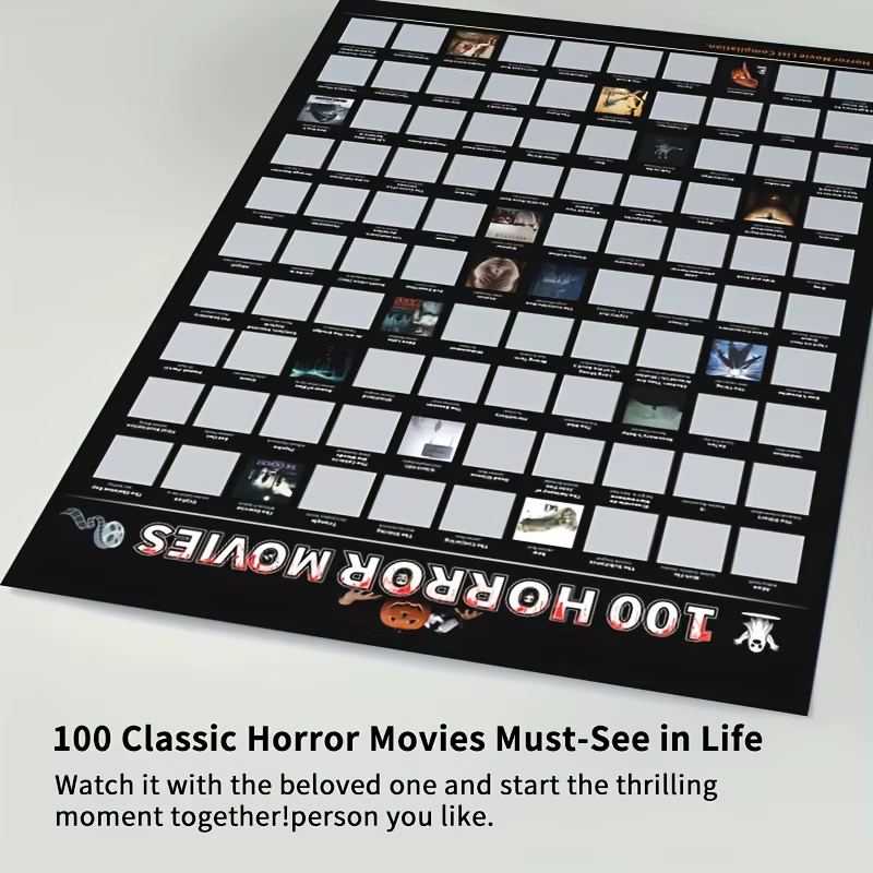 Affiche à gratter sur le thème des films d'horreur - Affiche des 100 meilleurs films d'horreur avec des films d'horreur emblématiques - Cadeau attentionné pour les fans de films d'horreur
