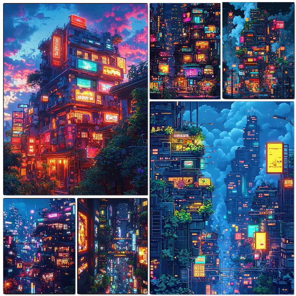 Diamant peinture plein carré ville nuit Cyberpunk ville néon paysage futuriste décor à la maison cadeau photo de strass fait à la main