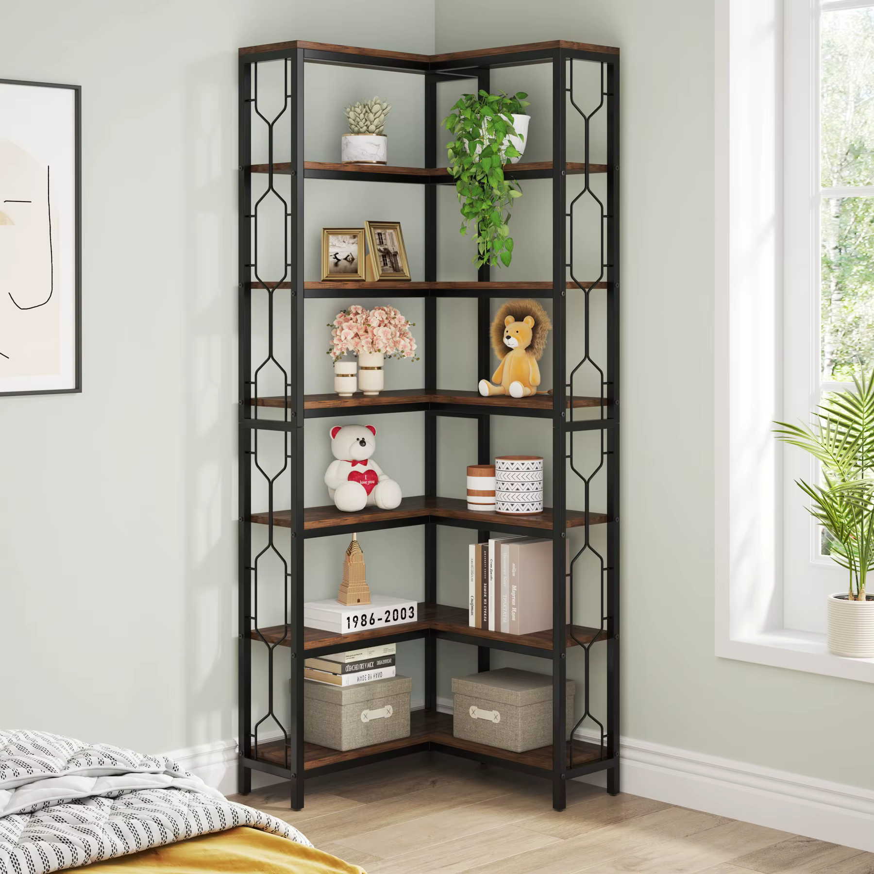 Étagère d'angle moderne, 78,74 pouces de hauteur, en bois, 7 niveaux, style industriel, étagère ouverte avec structure métallique robuste pour salon