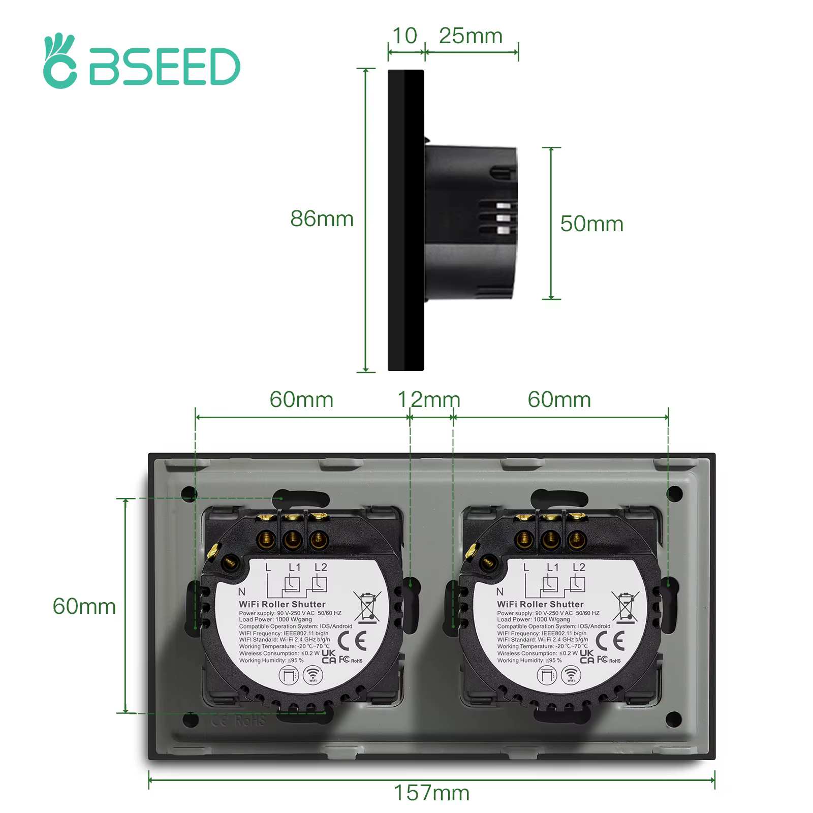 BSEED-Joli d'obturateur intelligent WiFi, double interrupteur ennemi sans fil, panneau tactile en cristal, fonctionne avec l'application Tuya Alexa Smart Life