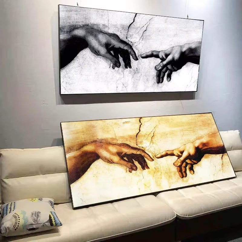 Main de dieu, création d'adam, peinture sur toile noire et blanche imprimée sur images d'art murales de Canavs pour décor de salon (sans cadre)