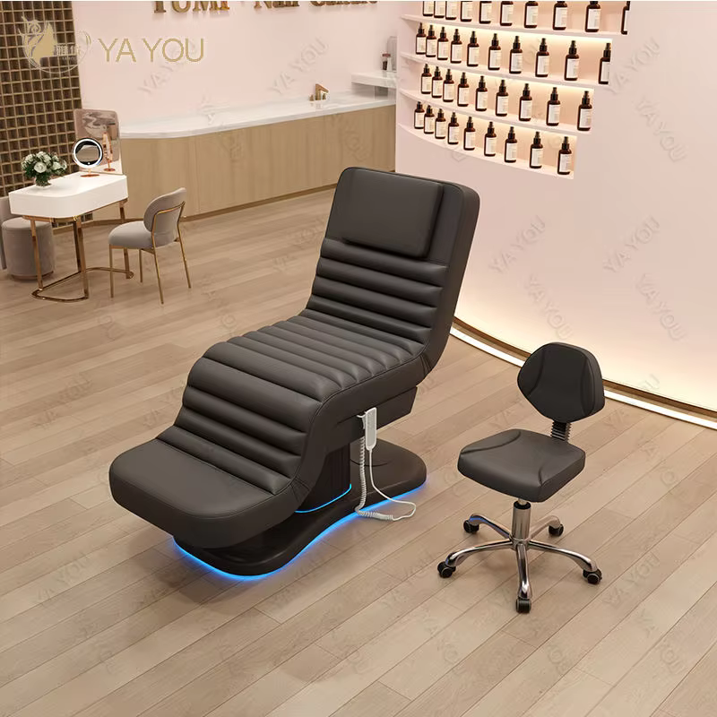 Table de massage électrique à 3 moteurs avec éclairage LED, chaise faciale noire côtelée, mobilier de spa médical et de salon de beauté