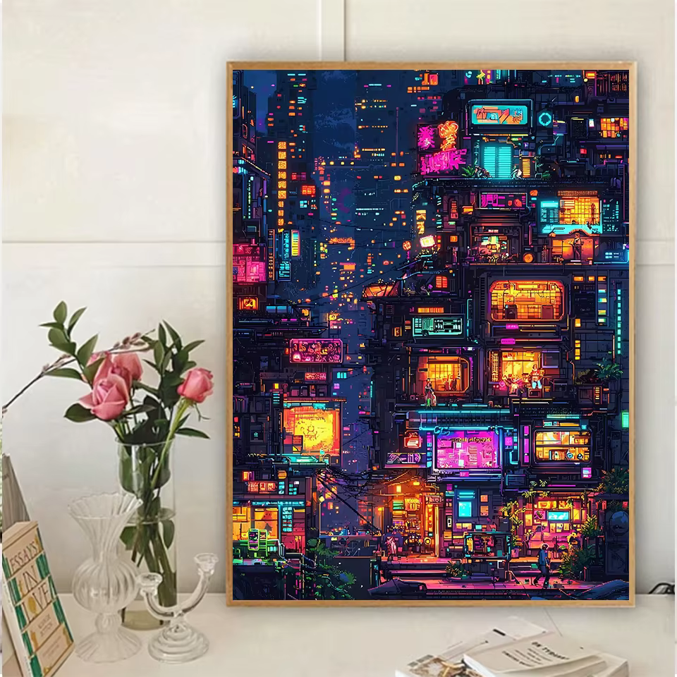 Diamant peinture plein carré ville nuit Cyberpunk ville néon paysage futuriste décor à la maison cadeau photo de strass fait à la main