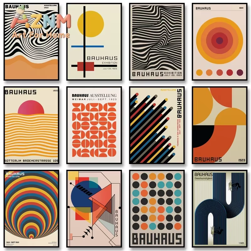 Affiche sur toile géométrique de style Bauhaus, impression vintage de style pop art, tableau mural moderne pour le salon, la chambre d’étudiant ou la décoration intérieure.