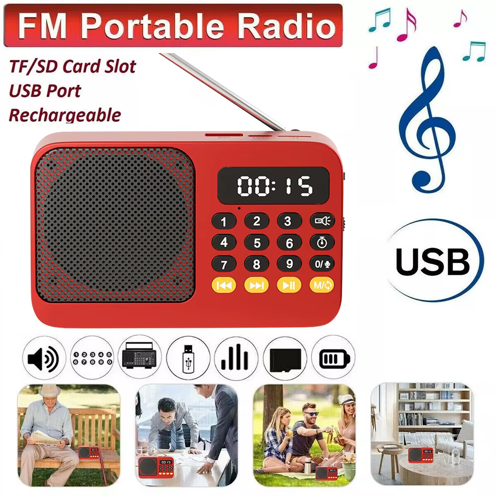 Lecteur MP3 numérique FM USB TF, Rechargeable, Portable, Radio, lecteur de musique, haut-parleur, fournitures avec affichage LED, Radio