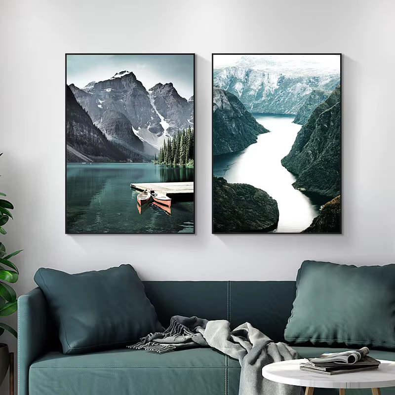 Toile de peinture de paysage de voyage scandinave, bateau de montagne, herbe, affiche nordique imprimée, tableau d'art mural, décor de salon moderne