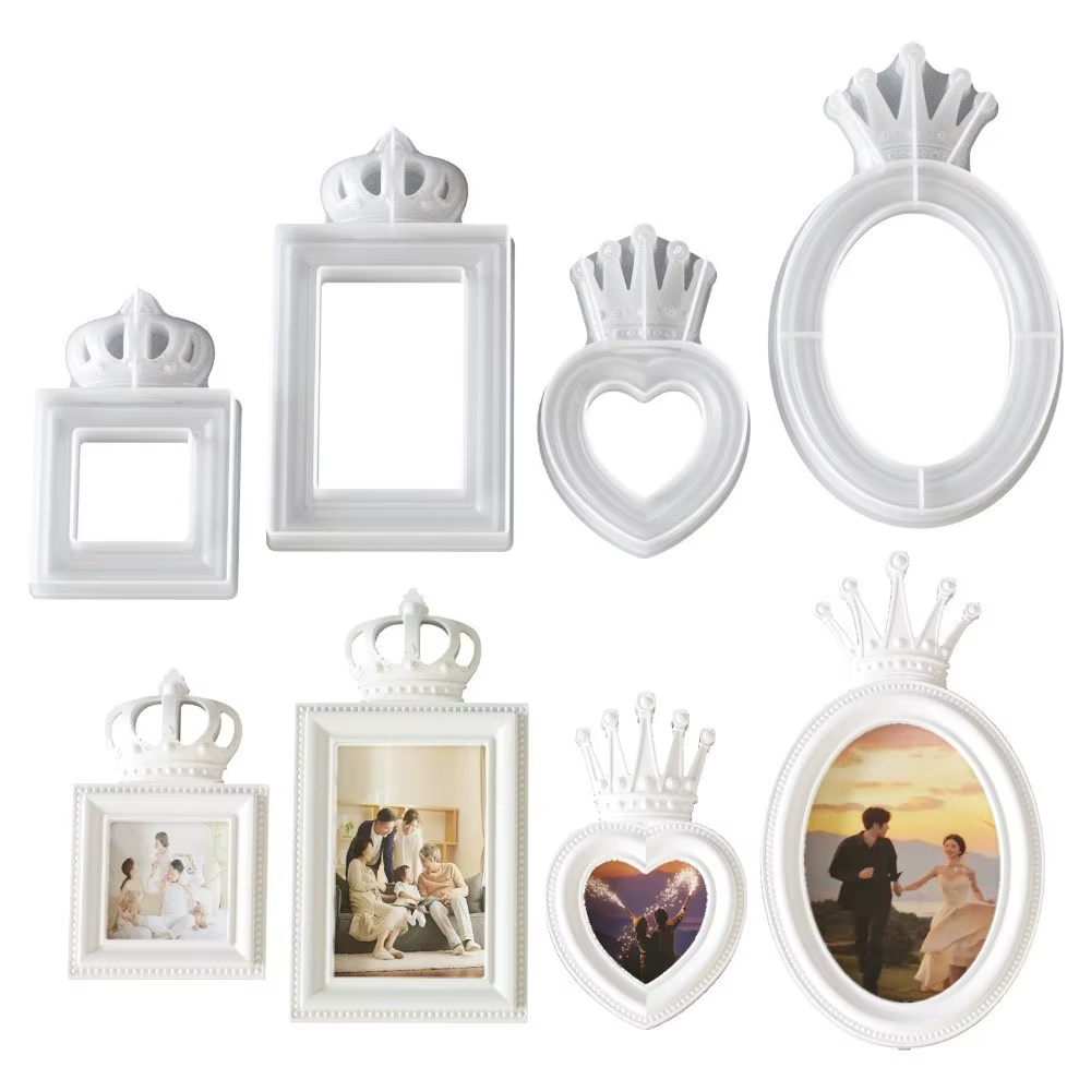 Moule en silicone pour cadre photo motif couronne, antiadhésif, classique, pour ornements en plâtre, ovale/carré/en forme de cœur, cadre photo décoratif DIY