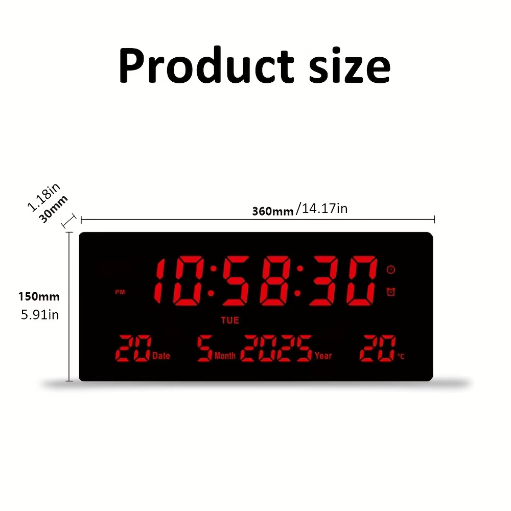 Horloge murale numérique LED de 15 pouces avec télécommande - 8 alarmes, affichage de la température, veilleuse à gradation automatique, fonction mémoire