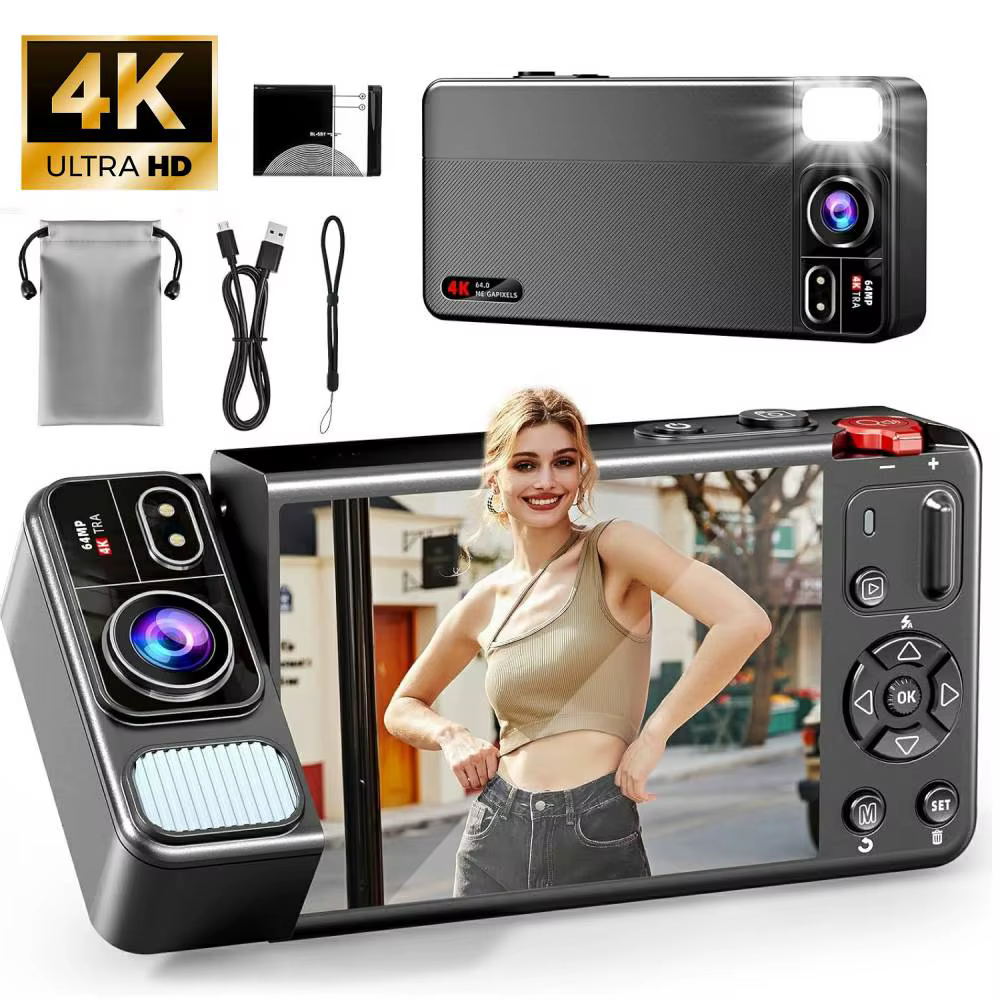 Appareil photo numérique 4K 64MP pour la photographie 270 ° Caméra Vlogging à écran rabattable, mise au point automatique, point de zoom 18X et prise de vue, appareil photo numérique