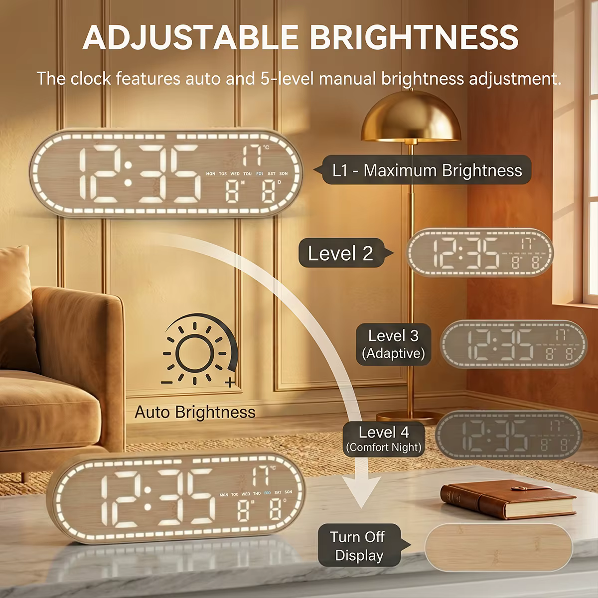 Grande horloge murale numérique avec affichage de la température, de la date et du jour de la semaine, horloge de table électronique à LED, luminosité réglable, format 12/24H