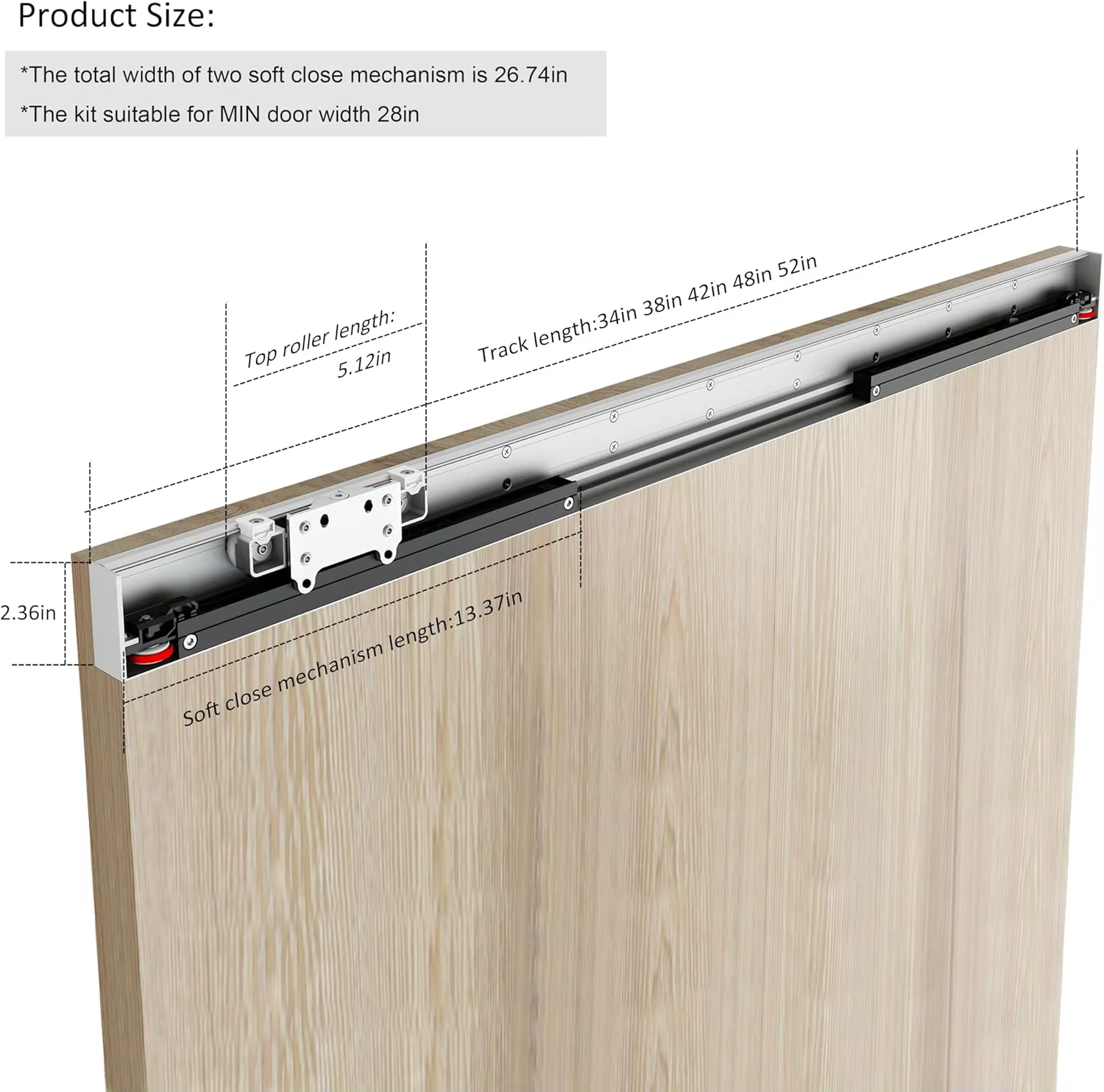 Kit de quincaillerie pour porte de grange dissimulée DIYHD 42'' (106 cm) avec fermeture amortie, rail flottant invisible à montage mural, compatible avec ouvertures de 34'' à 38'' (86-96 cm)