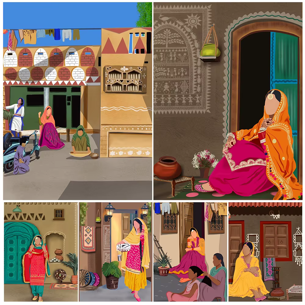 Punjine-Women Village Portrait Ethnic Posters, Wall Art Painting, Home Decor, Living Room, Canvas sans cadre