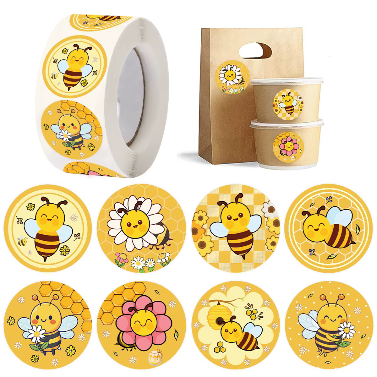500 autocollants en rouleau Abeilles Cartoon, étiquettes récompense abeilles, autocollants imperméables en papier auto-adhésifs pour jeux éducatifs et fêtes