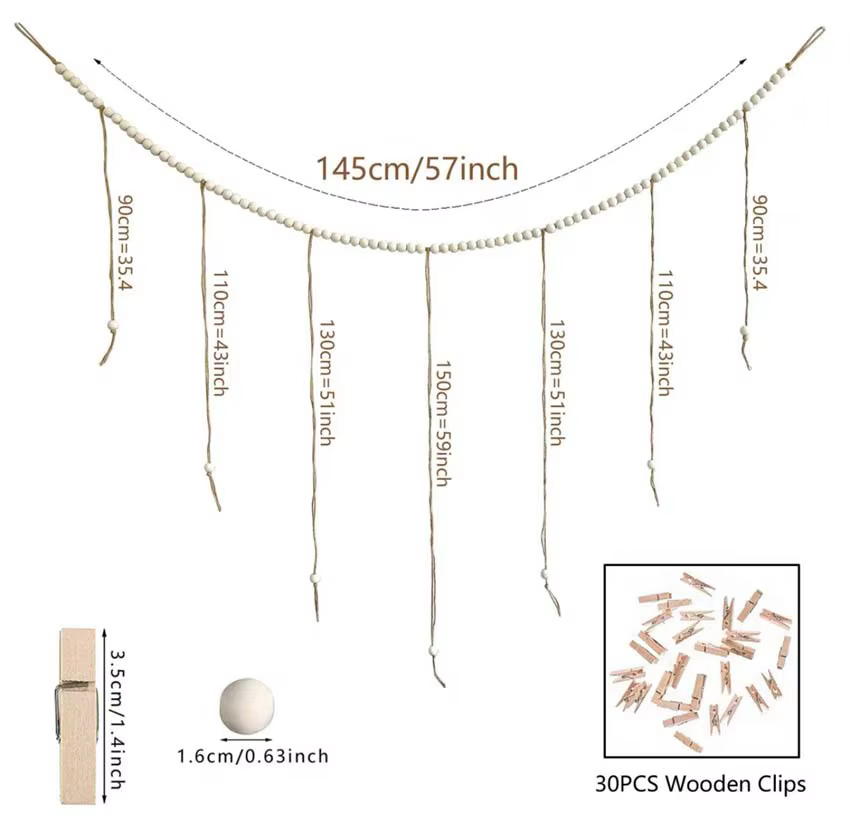 Présentoir de photo avec document en bois, ficelle de perles en chanvre, rangement de gland, clip de ficelle, décoration de la maison
