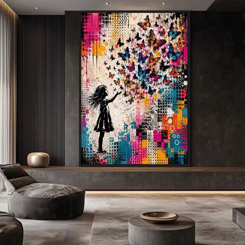 Affiche et impressions de graffiti urbain représentant une jeune fille avec des papillons colorés, peinture sur toile, décor mural, images pour la maison, cuadros.