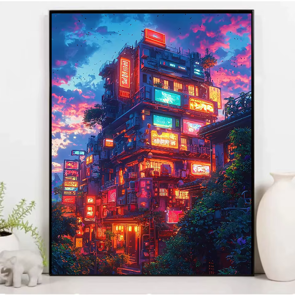 Diamant peinture plein carré ville nuit Cyberpunk ville néon paysage futuriste décor à la maison cadeau photo de strass fait à la main