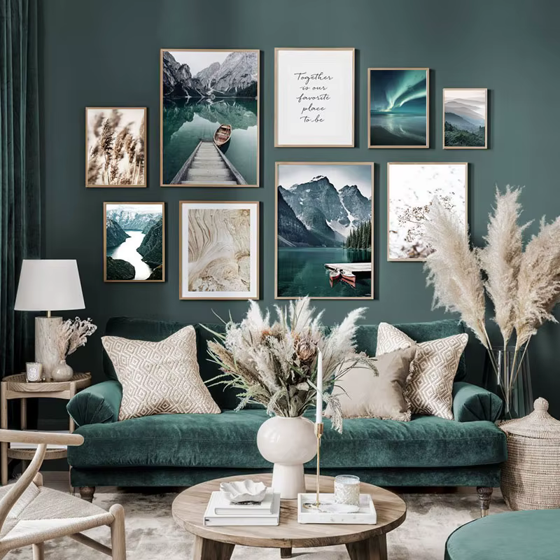 Toile de peinture de paysage de voyage scandinave, bateau de montagne, herbe, affiche nordique imprimée, tableau d'art mural, décor de salon moderne